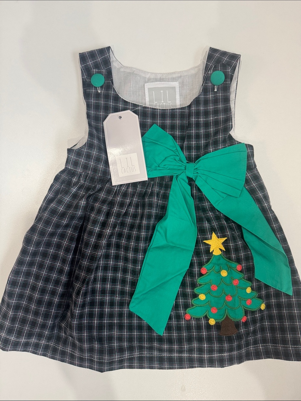 LIL CACTUS- Girls' Green Bow Plaid Dress with Christmas Tree Appliqué